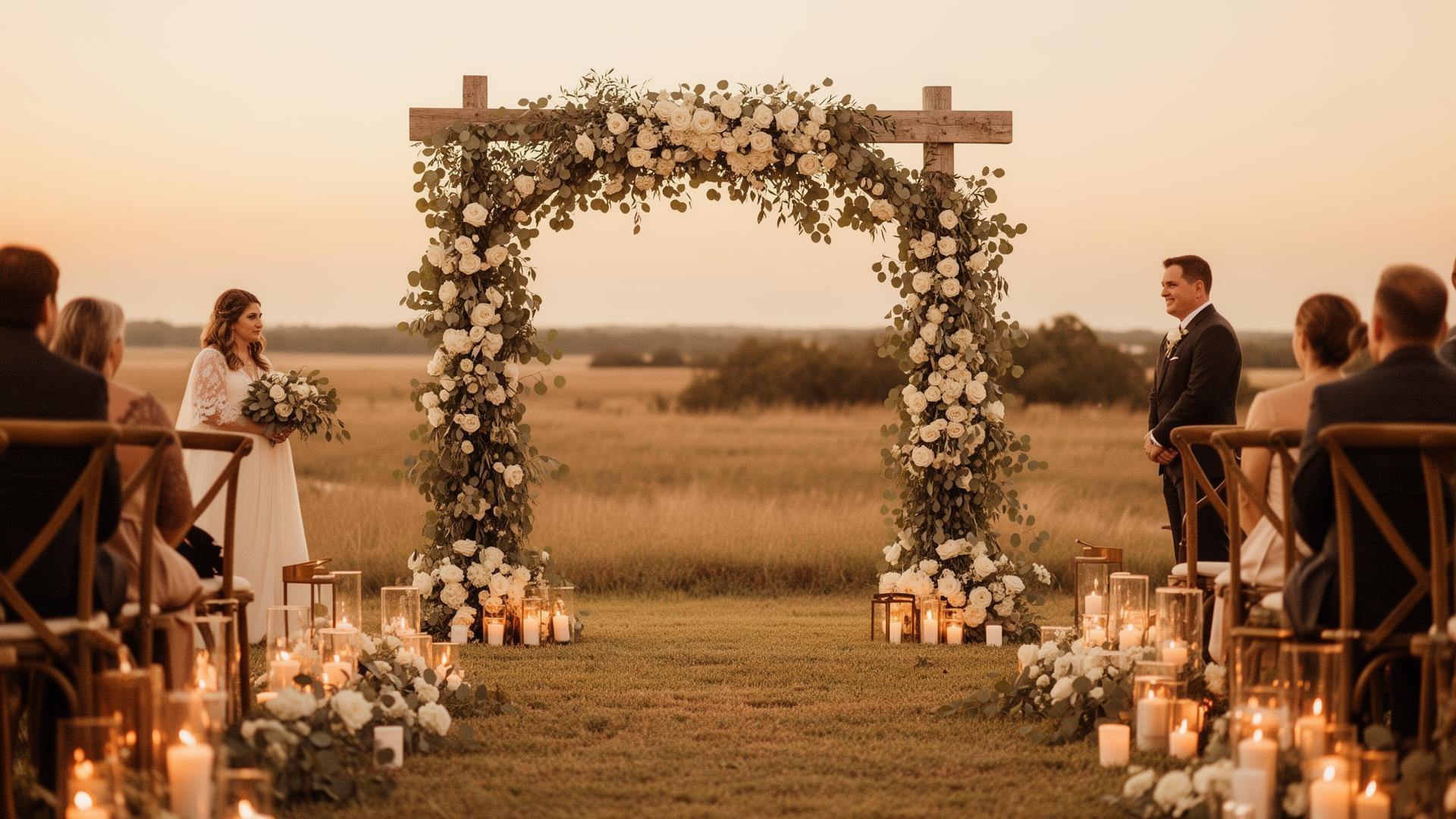 Outdoor wedding ceremony at golden hour with floral arch